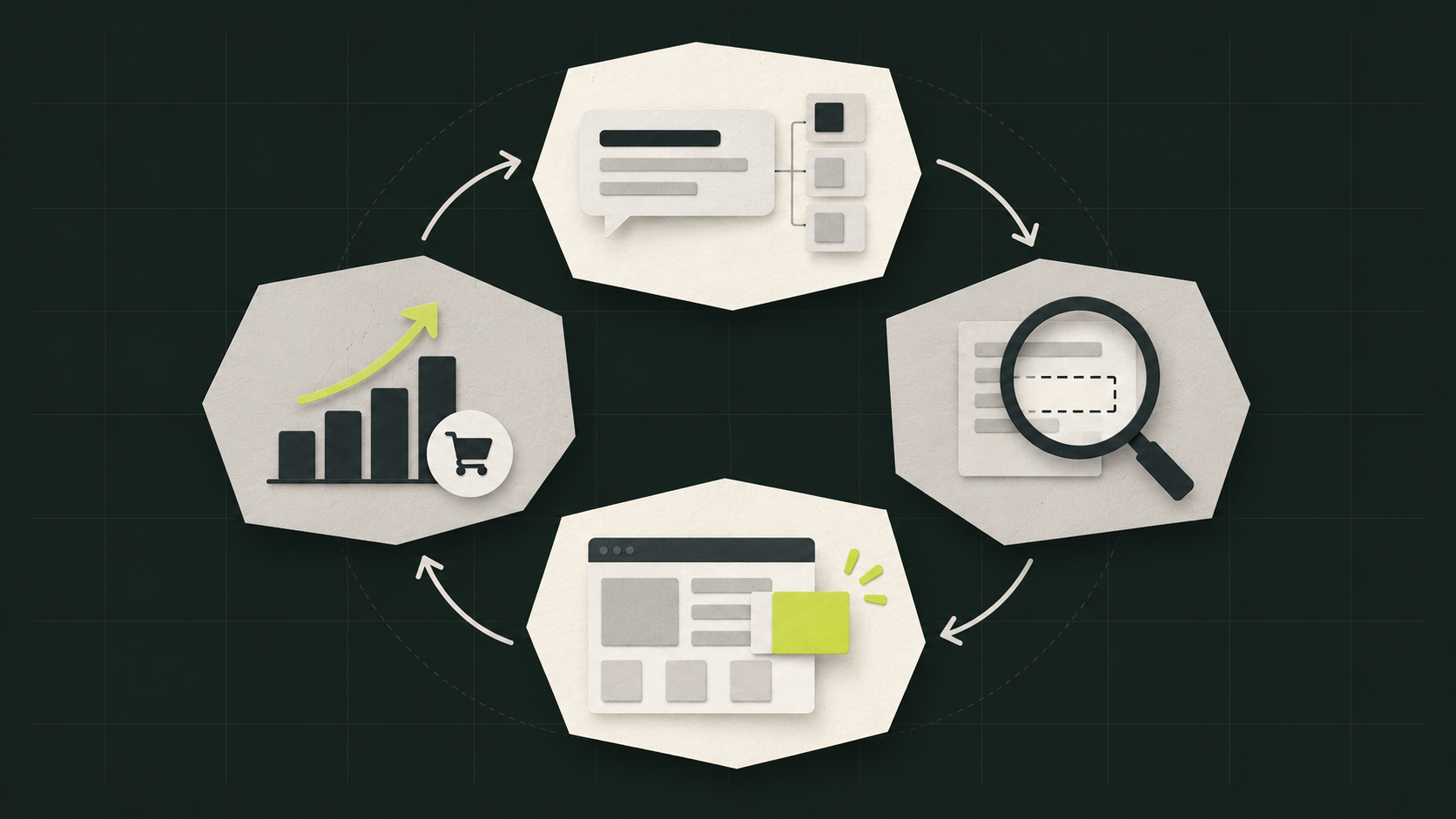 AEO operating loop connecting AI answer measurement, gap diagnosis, page improvement and commercial outcomes.